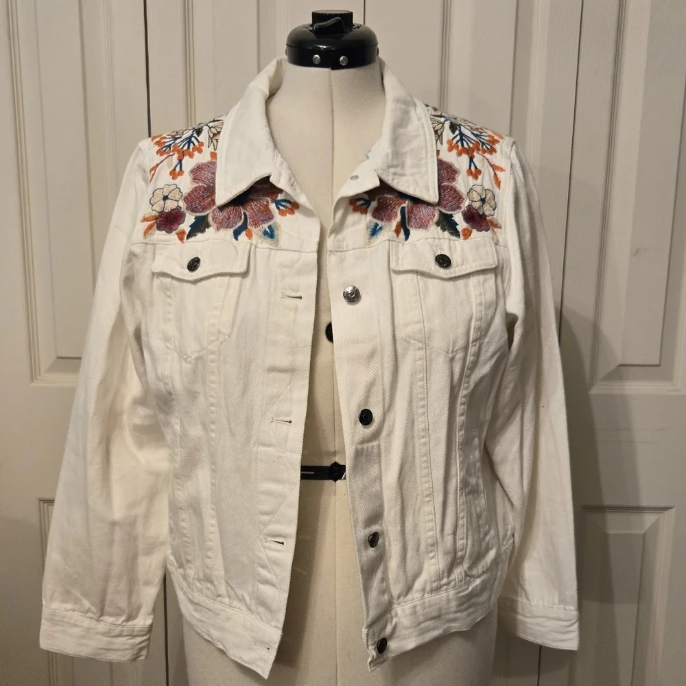 Johnny Was White Denim Jacket with Multicolor Floral Embroidery - Picture 1 of 7